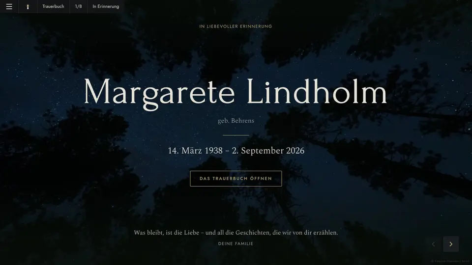 Trauerbuch Margarete Lindholm, Seite 1